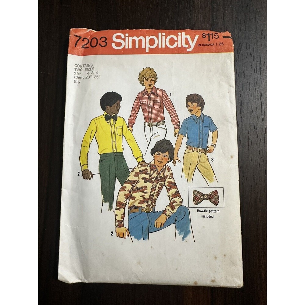 7203 SIMPLICITY 1975 - SHIRT w BOW TIE - BOYS Sz 4 And 6 Vintage Pattern